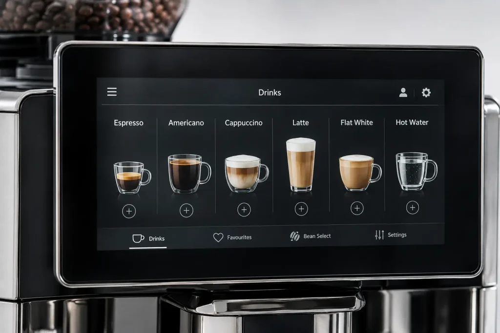 panel dotykowy ekspresu automatycznego z widocznym menu wyboru napojów