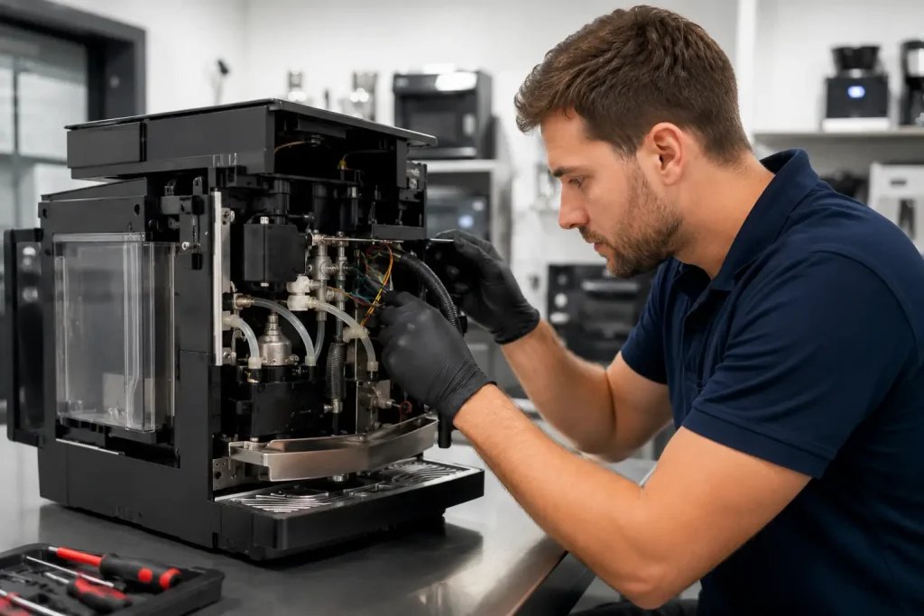 technik serwisowy sprawdzający wnętrze automatycznego ekspresu do kawy