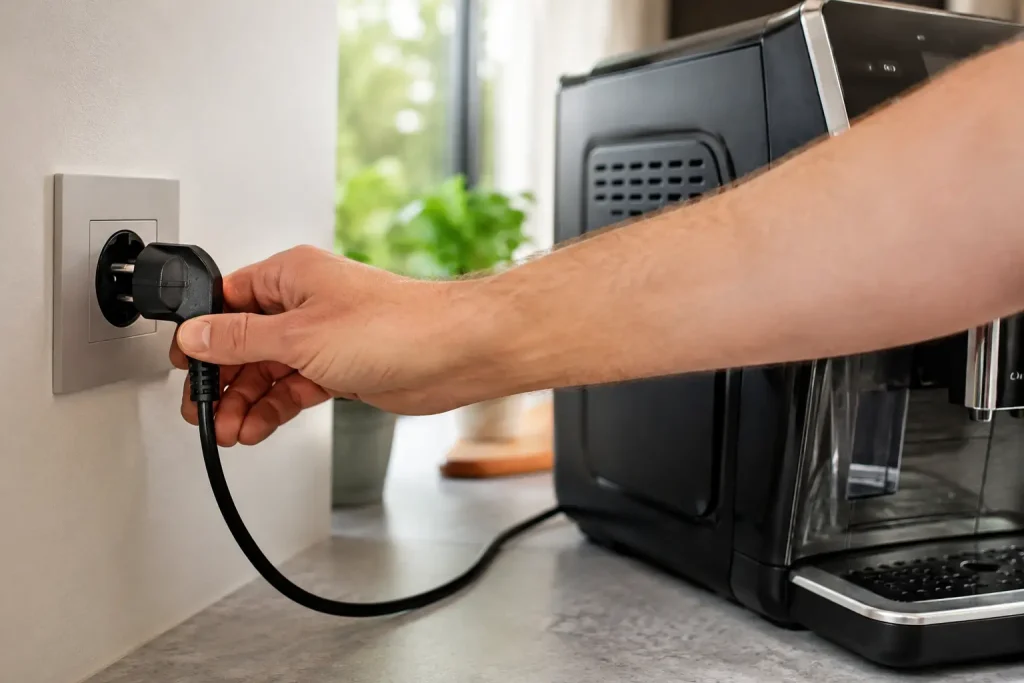dłoń wyciągająca wtyczkę ekspresu Saeco z gniazdka elektrycznego