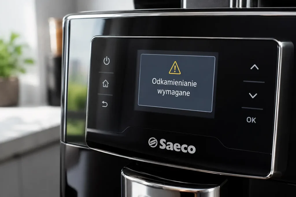  ekran ekspresu Saeco wyświetlający komunikat o konieczności odkamienienia