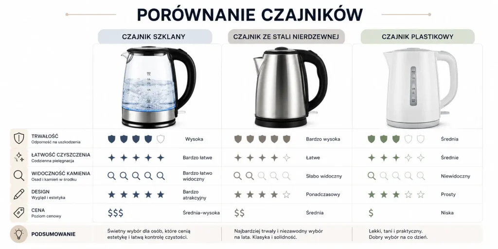 szkło, stal i tworzywo według trwałości, czyszczenia, wyglądu, ceny i kontroli kamienia
