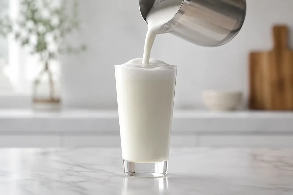 wysoka szklanka latte macchiato z widocznymi warstwami mleka, kawy i pianki