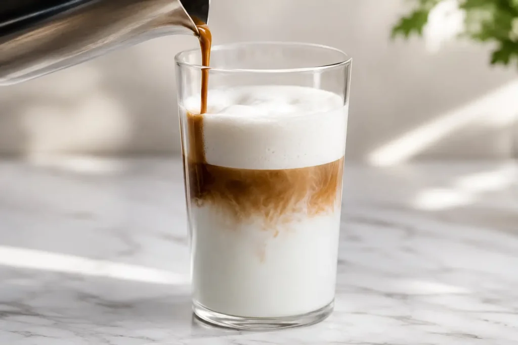 espresso wlewane powoli po ściance do szklanki ze spienionym mlekiem