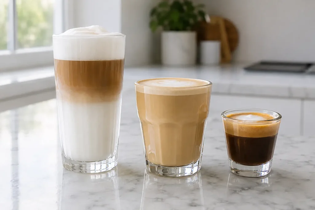 porównanie latte macchiato, klasycznego latte i caffè macchiato w różnych naczyniach