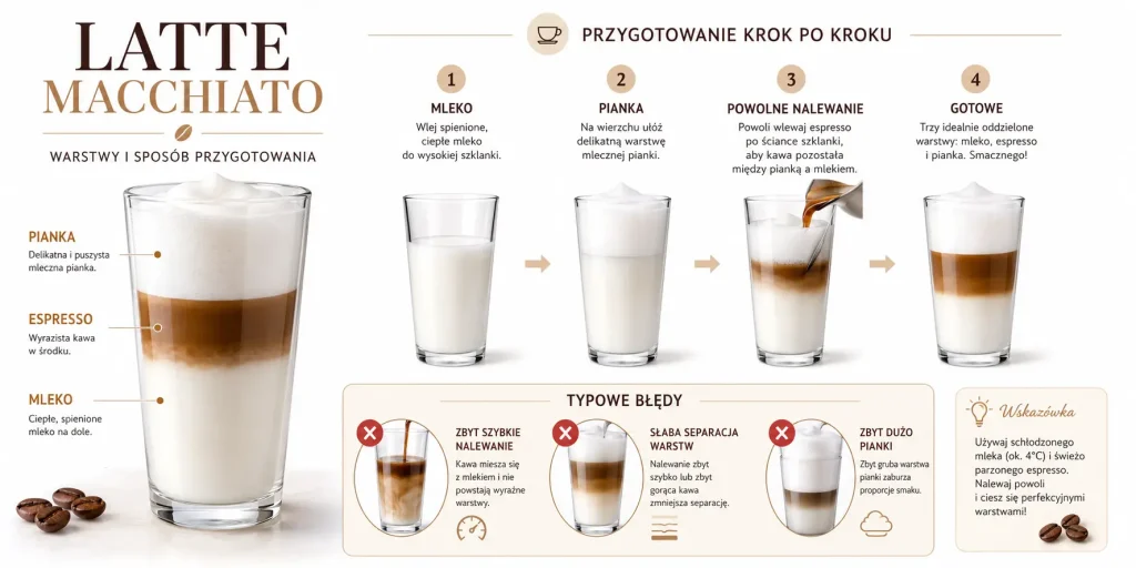 mleko na dole, warstwa espresso pośrodku, pianka na górze, kolejność nalewania i najczęstsze błędy