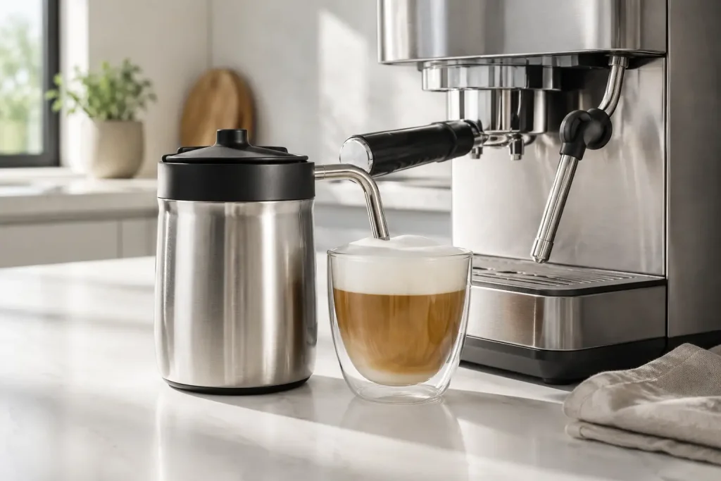 system mleczny LatteGo obok klasycznej karafki mlecznej Saeco