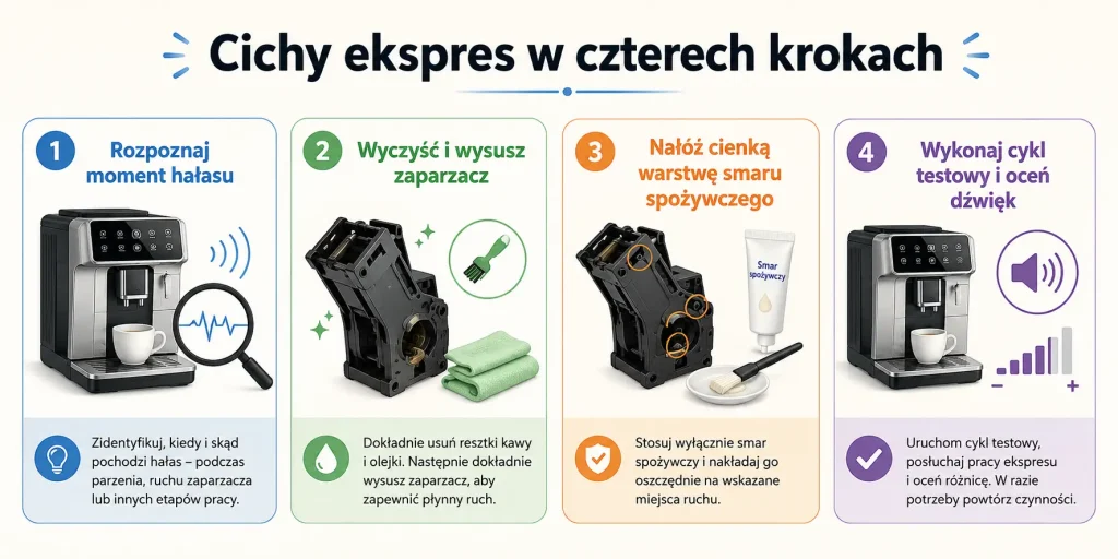 „Cichy ekspres w czterech krokach” — rozpoznanie momentu hałasu, czyszczenie zaparzacza, bezpieczne smarowanie i kontrola po cyklu testowym
