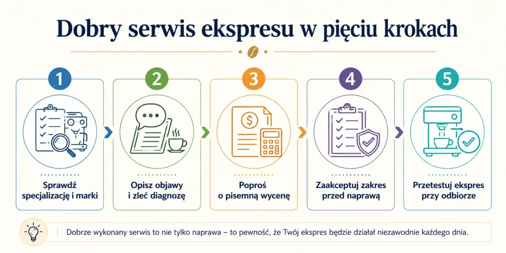 Dobry serwis ekspresu w pięciu krokach — specjalizacja, diagnoza, pisemna wycena, akceptacja prac i test przy odbiorze