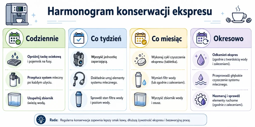 harmonogram konserwacji ekspresu w 4 poziomach częstotliwości