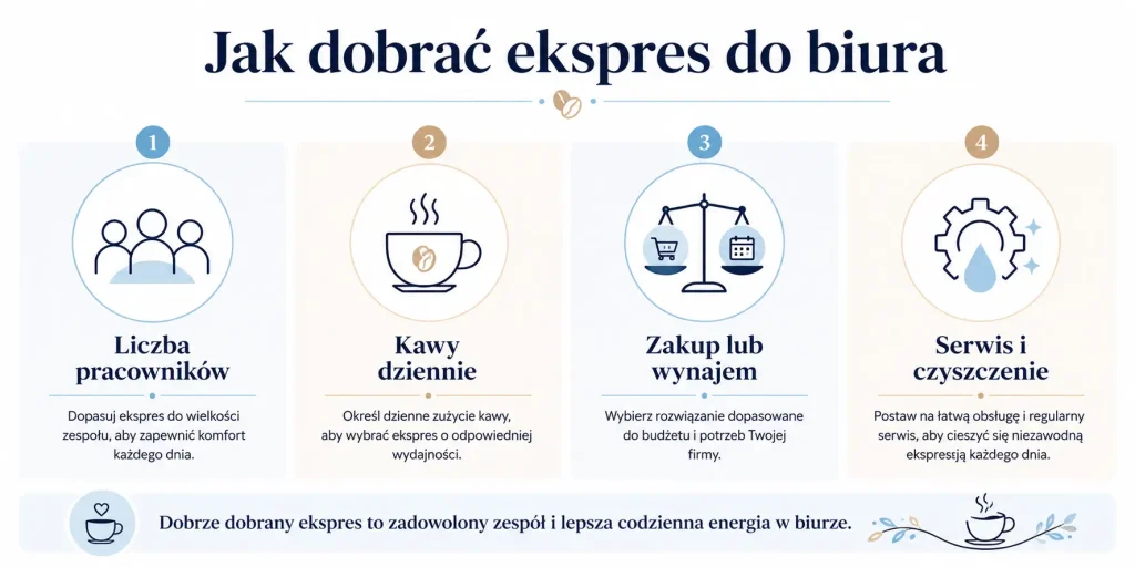 Jak dobrać ekspres do liczby pracowników, dziennego zużycia kawy, sposobu finansowania i wymaganego serwisu.