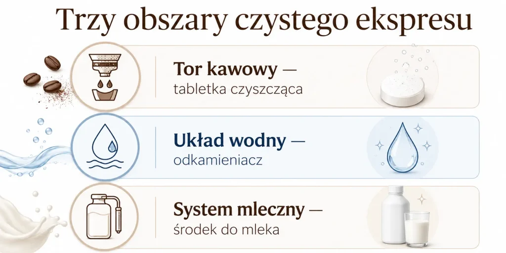 Trzy obszary czystego ekspresu — tor kawowy, układ wodny i system mleczny.
