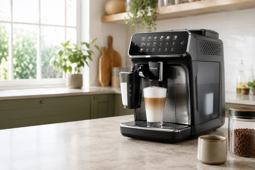 automatyczny ekspres Philips z podświetlonym panelem sterowania na kuchennym blacie