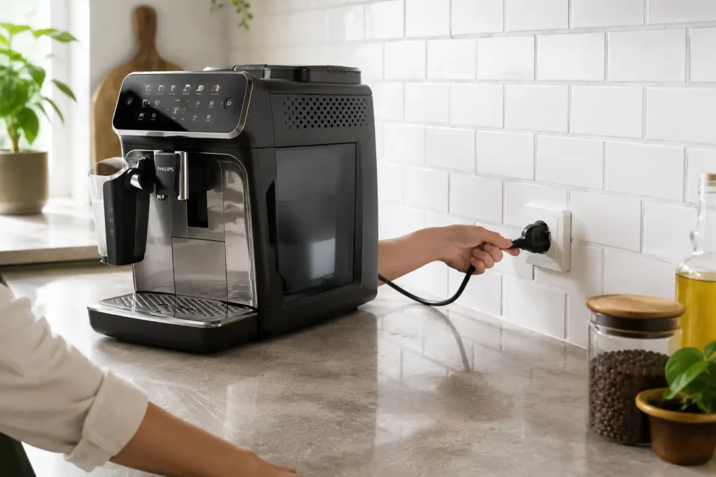 dłoń wyciągająca wtyczkę ekspresu Philips z gniazdka elektrycznego