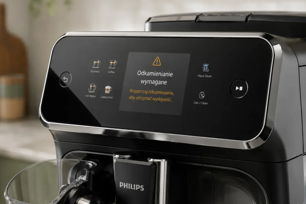 ekran ekspresu Philips wyświetlający komunikat o konieczności odkamienienia
