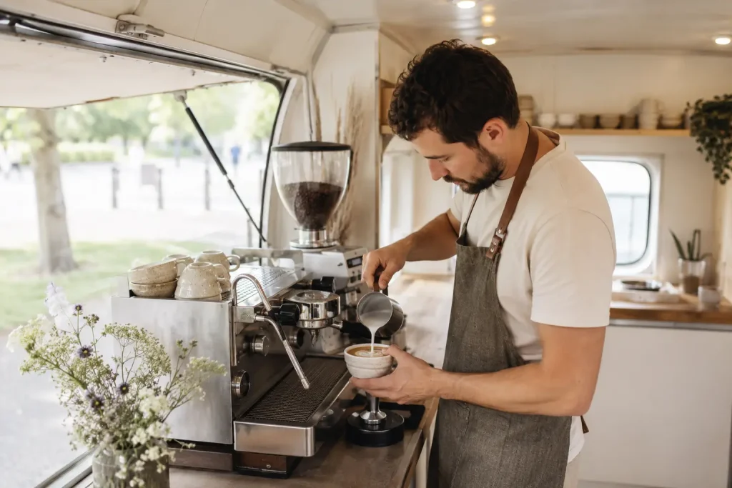  Barista pracujący wewnątrz jasnej przyczepy kawowej podczas przygotowywania napoju.