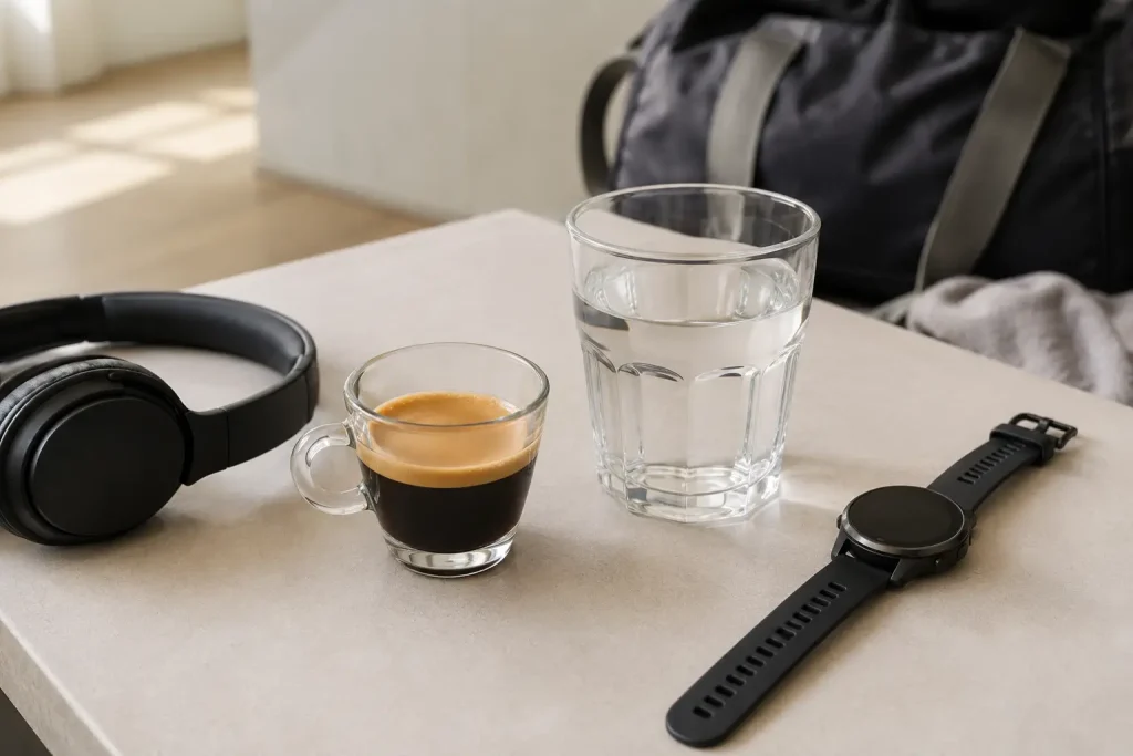 Espresso i szklanka wody przygotowane przed treningiem na jasnym stole.