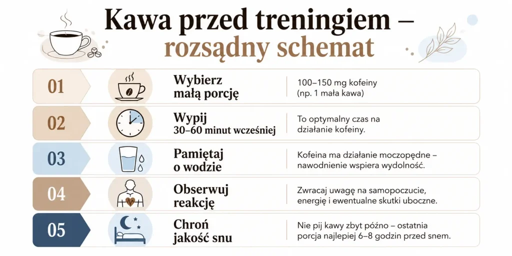 Rozsądny schemat picia kawy przed treningiem — pora, porcja, nawodnienie, obserwacja reakcji i sen.