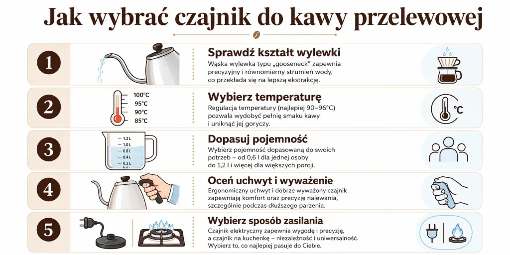 Pięć elementów wyboru czajnika przelewowego — wylewka, temperatura, pojemność, uchwyt i sposób zasilania.