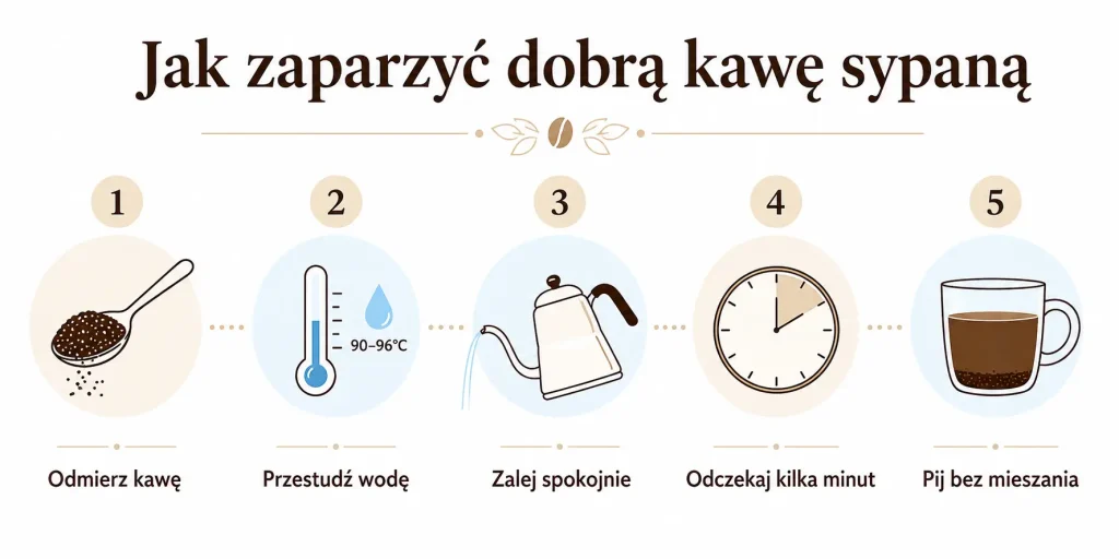 Pięć kroków dobrej kawy sypanej — dawka, temperatura, zalewanie, czas i spokojne picie.