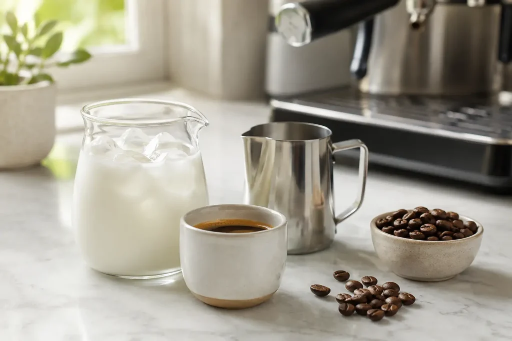 Podwójne espresso, zimne mleko, stalowy dzbanek i filiżanka do flat white.