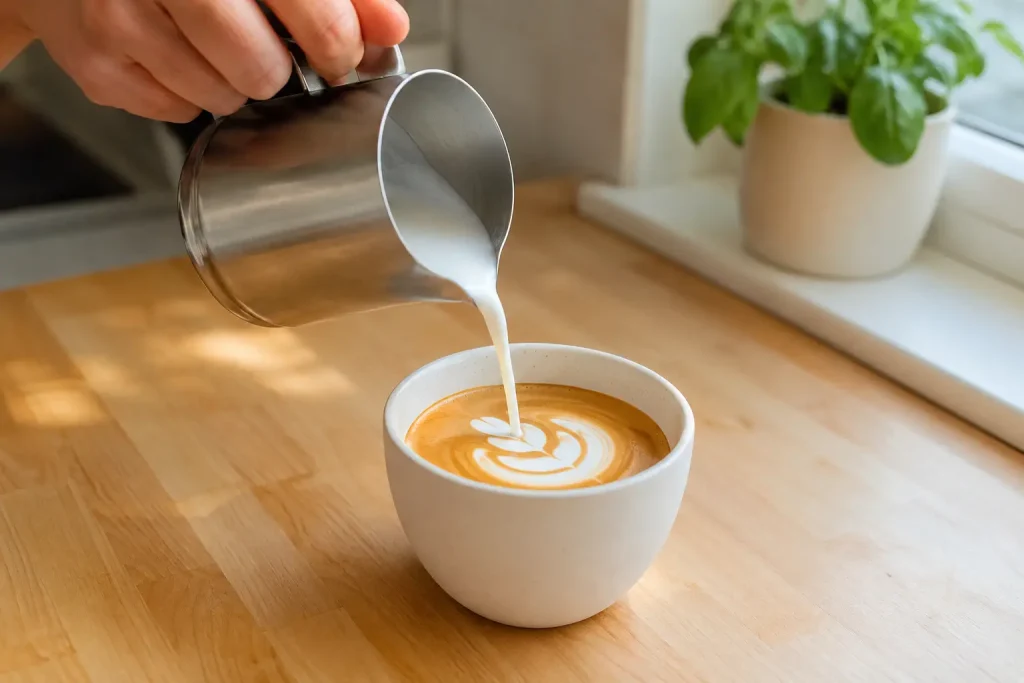 Mikropianka nalewana z małego dzbanka do podwójnego espresso.