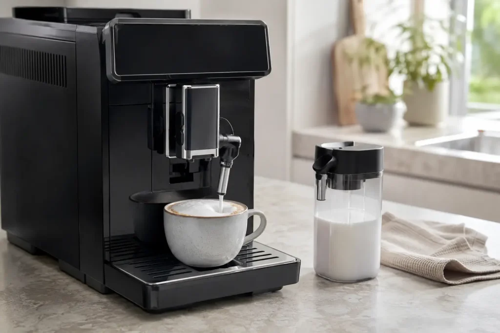 Automatyczny system mleczny przygotowujący cappuccino, obok wyjmowana karafka i filiżanka.