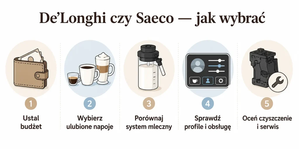 De’Longhi czy Saeco — wybór według budżetu, napojów, systemu mlecznego, personalizacji i konserwacji.
