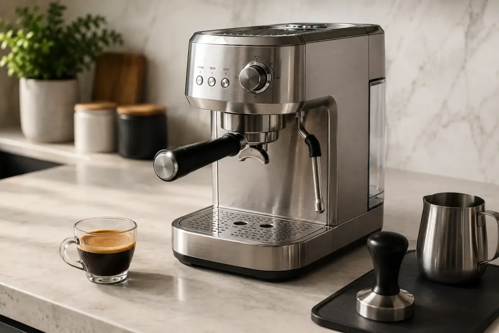 ekspres kolbowy z widocznym tamperem i filiżanką espresso na blacie