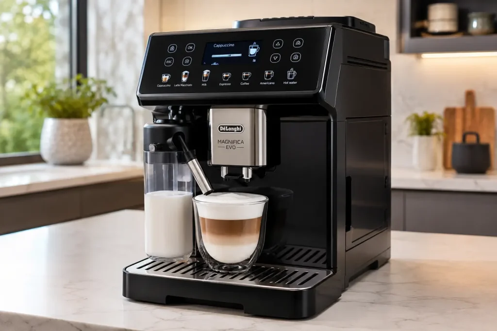 automatyczny ekspres De'Longhi z podświetlonym panelem sterowania na kuchennym blacie