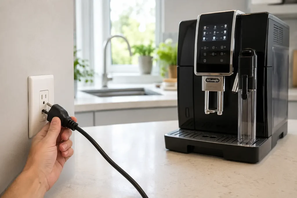 dłoń wyciągająca wtyczkę ekspresu De'Longhi z gniazdka elektrycznego