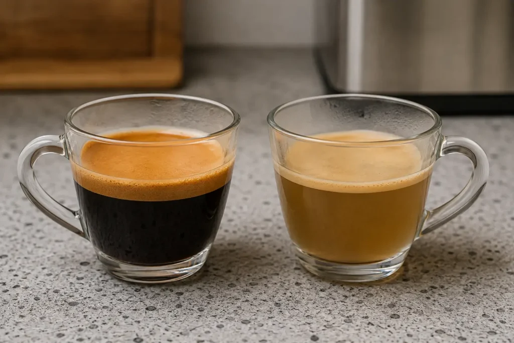 porównanie mocnego i wodnistego espresso w dwóch filiżankach obok siebie