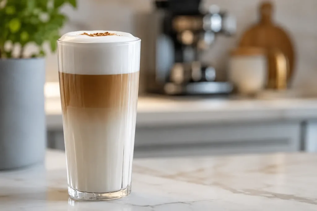 wysoka szklanka z latte, widoczne warstwy espresso i spienionego mleka