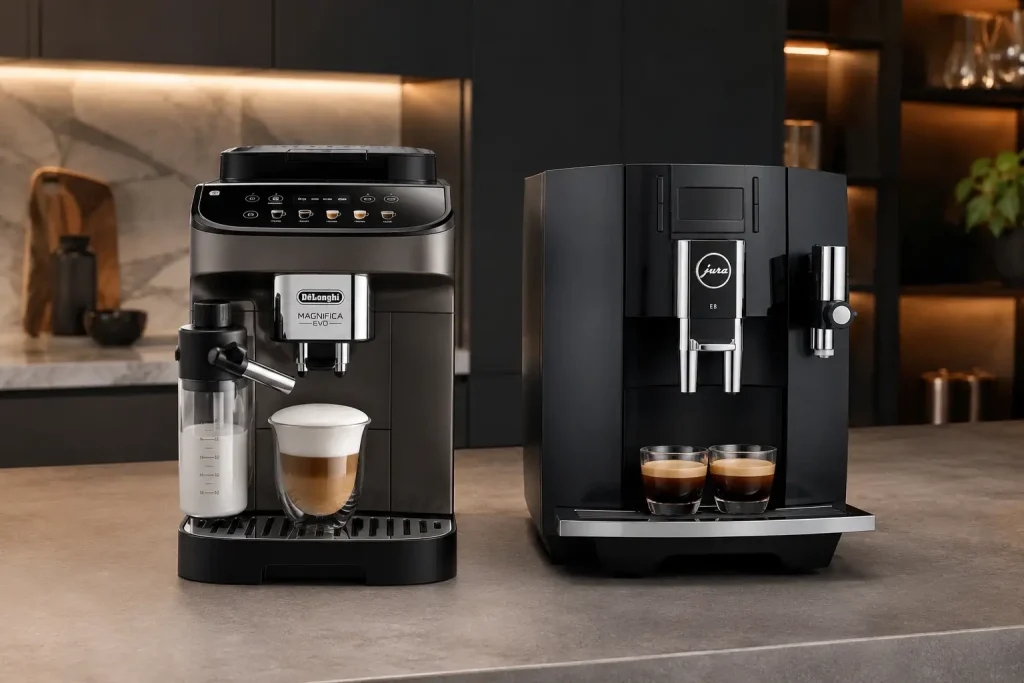 dwa automatyczne ekspresy, De'Longhi i Jura, stojące obok siebie na kuchennym blacie