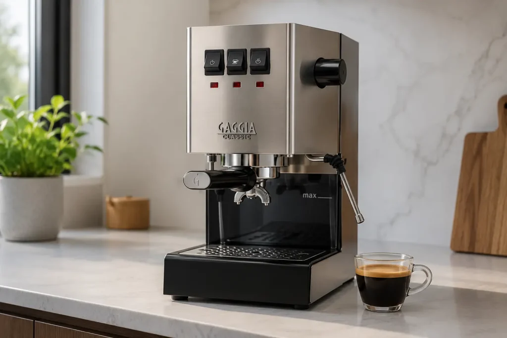  klasyczny ekspres kolbowy Gaggia na kuchennym blacie z filiżanką espresso