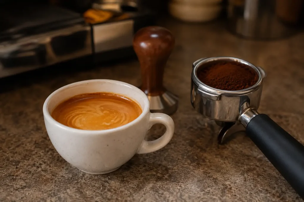 filiżanka espresso z crema obok kolby i tampera na blacie kuchennym