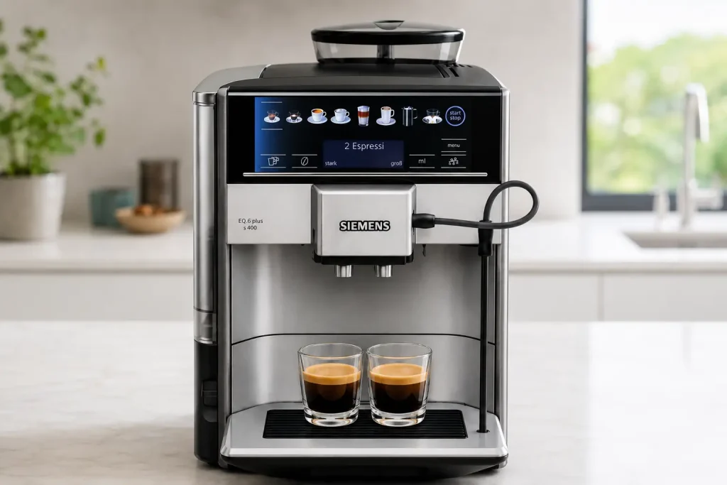 automatyczny ekspres Siemens EQ.6 z podświetlonym panelem dotykowym na kuchennym blacie