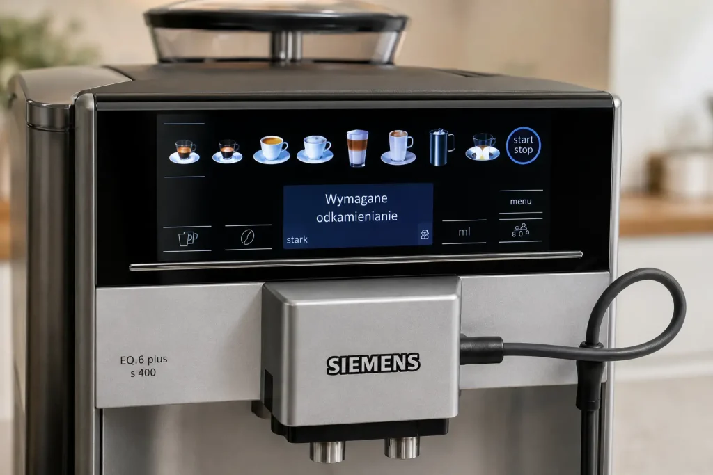 ekran ekspresu Siemens EQ.6 wyświetlający komunikat o konieczności odkamienienia