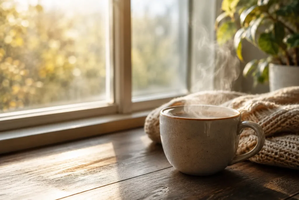  filiżanka kawy przy oknie w porannym świetle, spokojna atmosfera