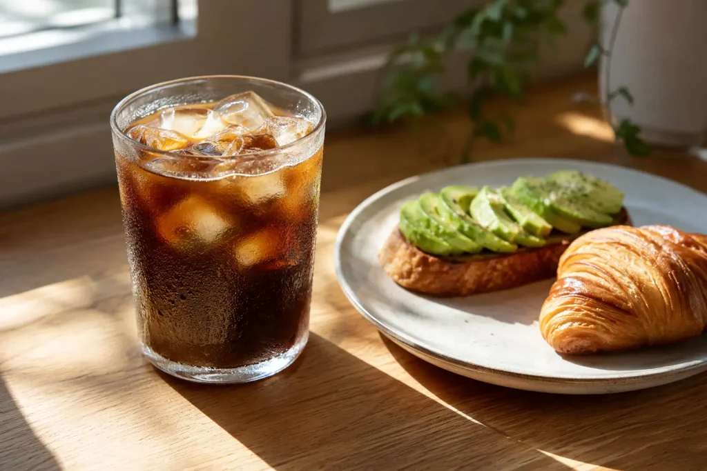 filiżanka cold brew z lodem obok niewielkiej przekąski śniadaniowej
