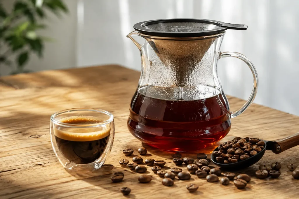 Szklany dzbanek z kawą przelewową, filiżanka espresso oraz rozsypane świeże ziarna kawy.