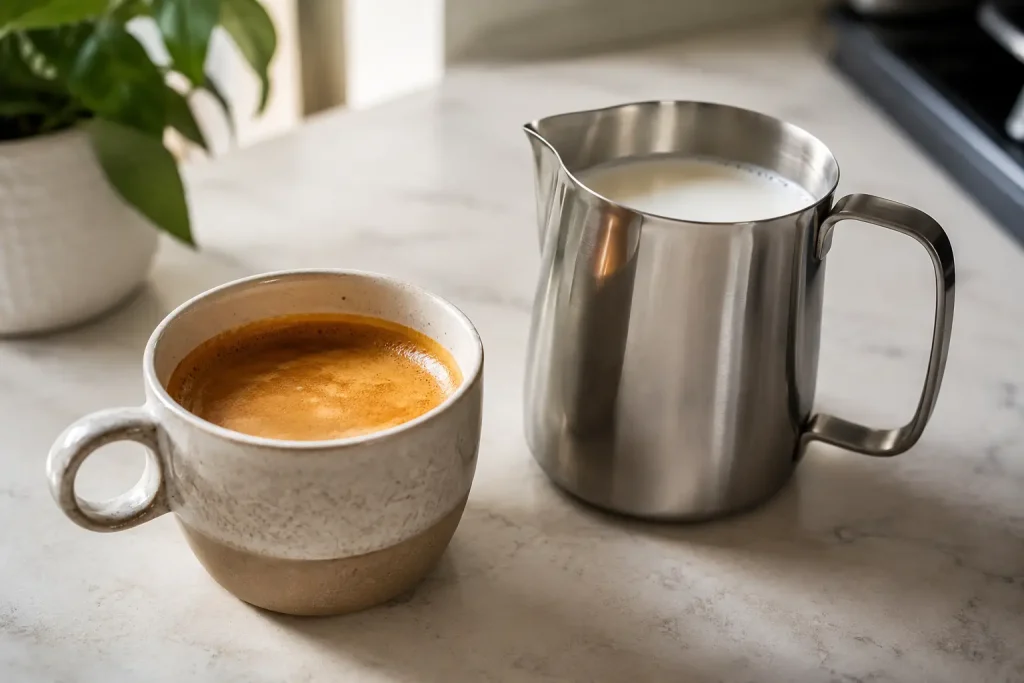 Świeżo zaparzone espresso w ceramicznej filiżance oraz stalowy dzbanek z zimnym mlekiem.
