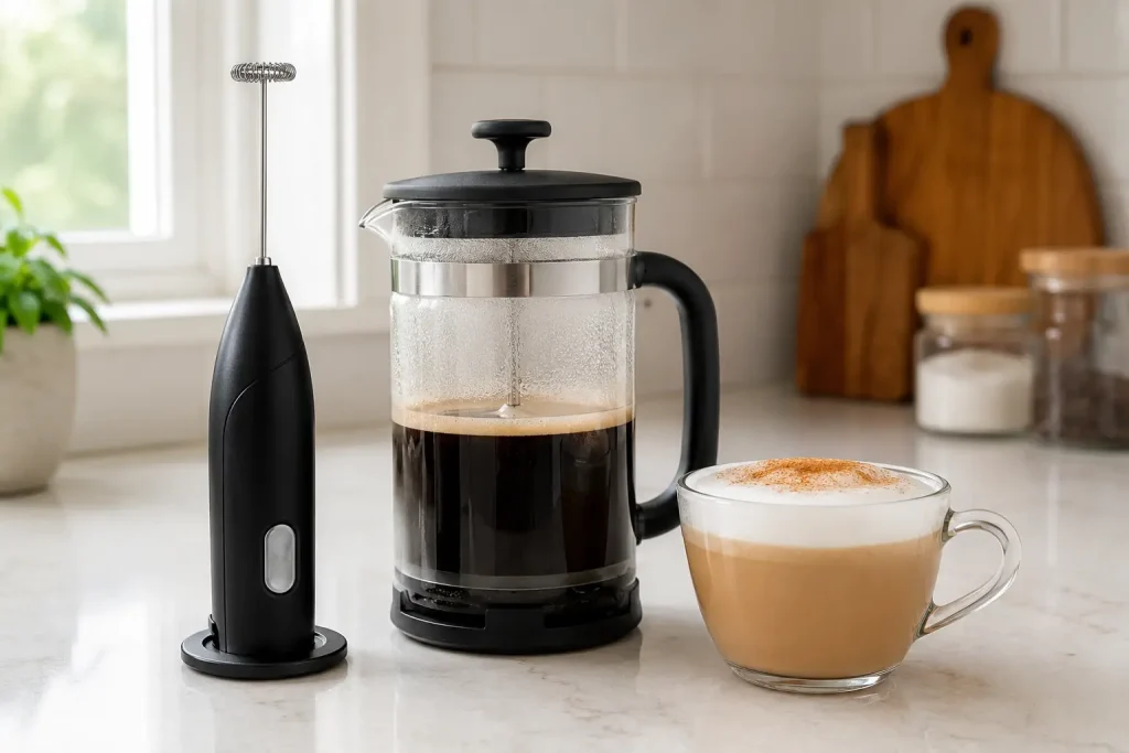 Ręczny spieniacz, French press i filiżanka cappuccino na jasnym kuchennym blacie.