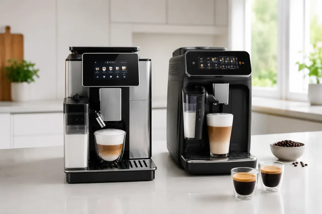 Dwa automatyczne ekspresy ustawione obok filiżanek espresso i świeżych ziaren kawy.