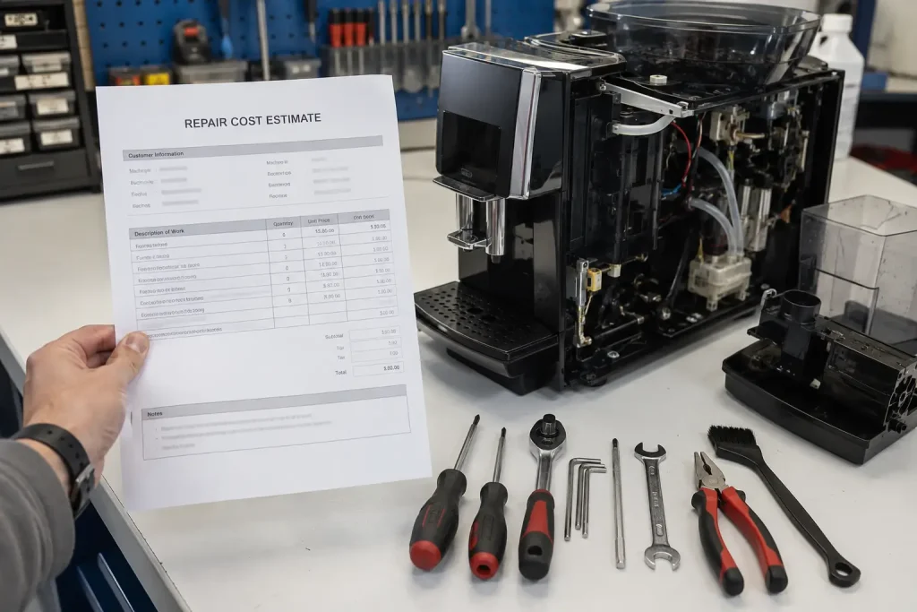Technik trzymający kosztorys obok rozłożonego automatycznego ekspresu i narzędzi serwisowych.