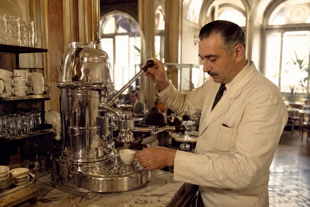 Klasyczny dźwigniowy ekspres do espresso w historycznej włoskiej kawiarni.