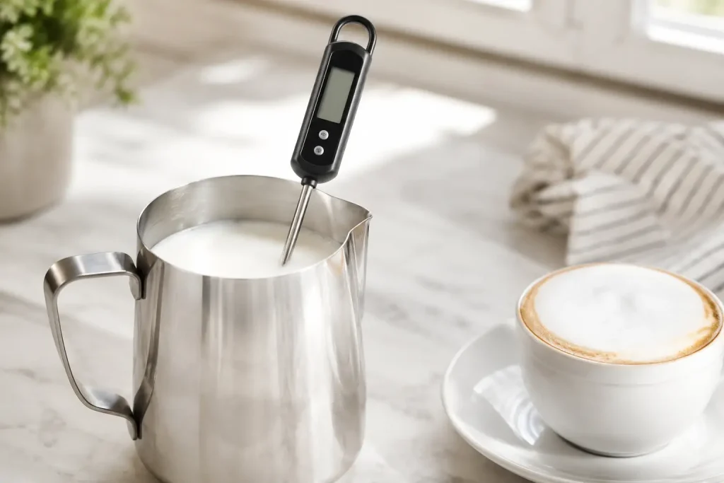 Termometr kuchenny sprawdzający temperaturę spienionego mleka obok filiżanki cappuccino.