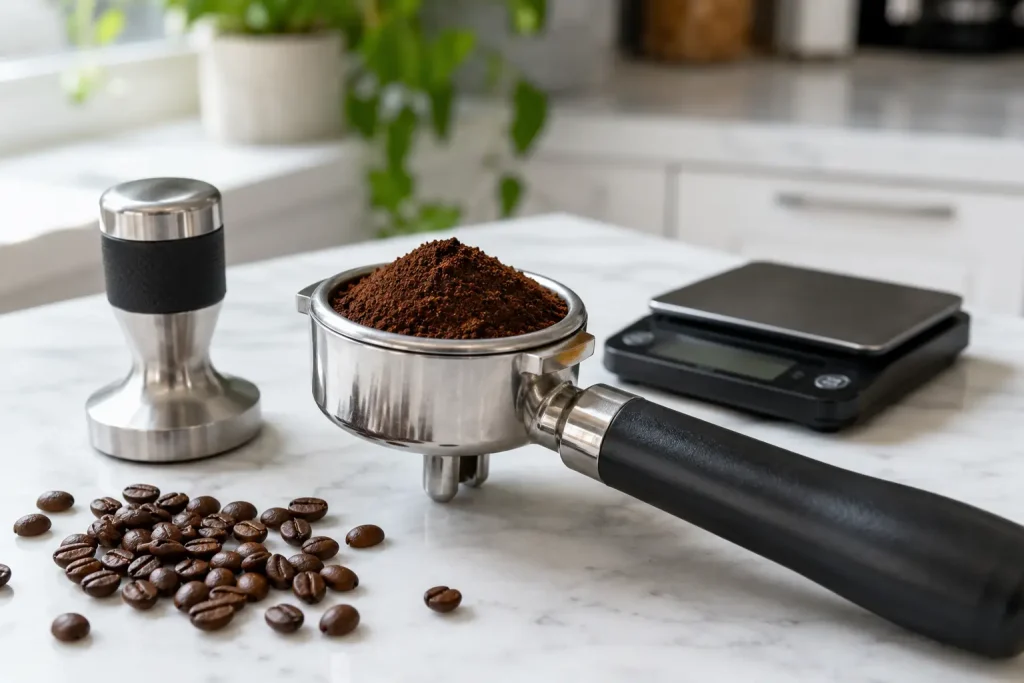 Kolba ekspresu, świeżo zmielona kawa, tamper i waga przygotowane do parzenia espresso.