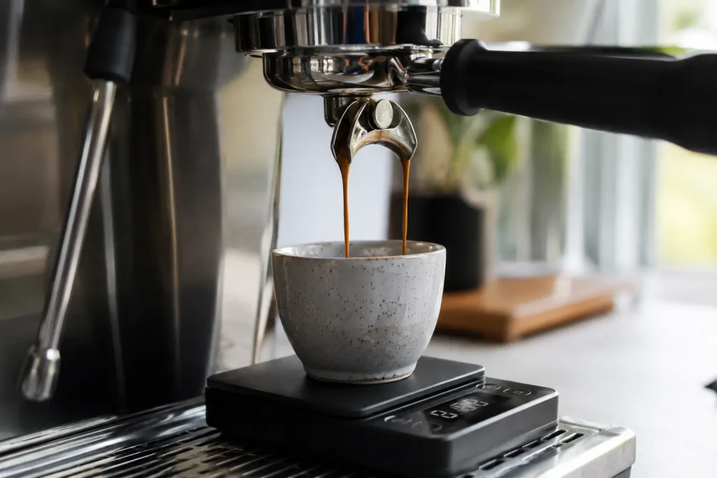 Cienki strumień espresso wypływający z kolby do filiżanki ustawionej na wadze.