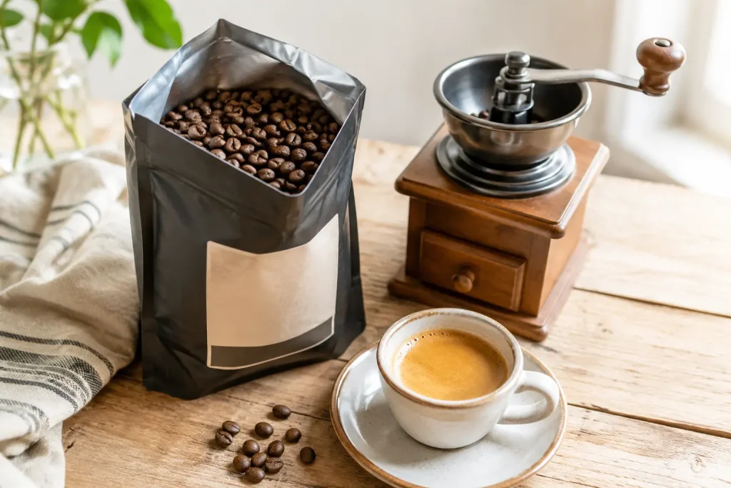 Świeże ziarna z datą palenia, ręczny młynek i gotowe espresso z jasnobrązową cremą.
