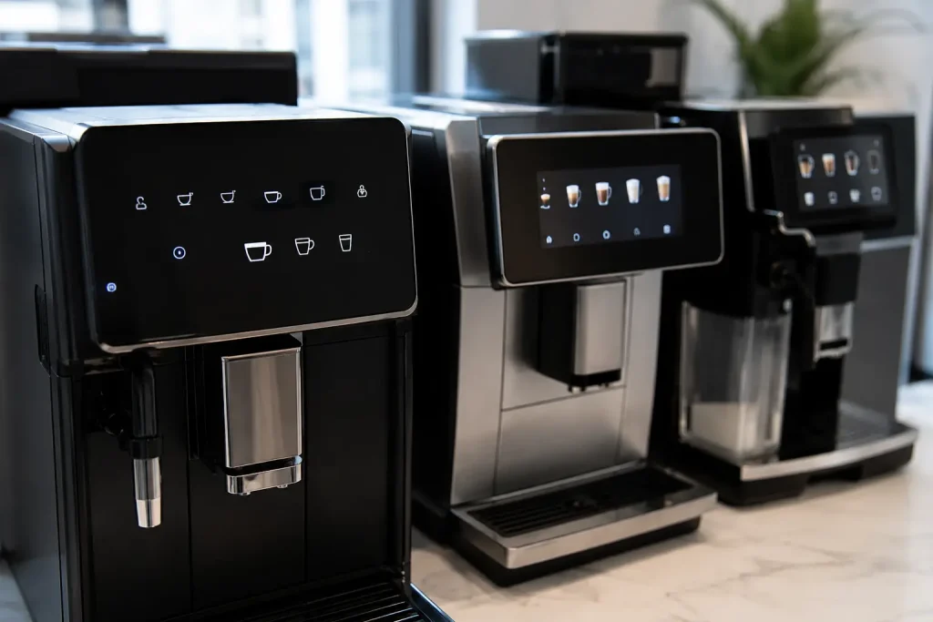 Panele sterowania kilku automatów z ikonami espresso, cappuccino i czyszczenia.